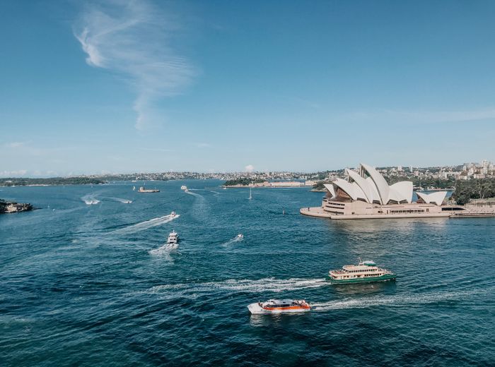 Australia visit visa destination image showing Sydney Opera House and Sydney Harbour with ferries
