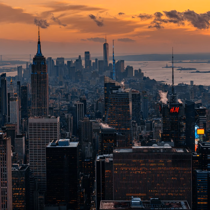 United States visit visa destination card showing New York City skyline at sunset